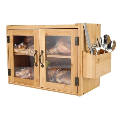 Direct 2 Tier Wall Mounted Bamboo Bread Box with Clear Window and Silverware Holder