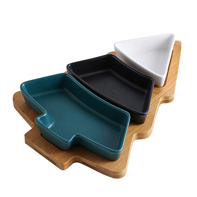 Festive Bamboo Table Tray with Three Removable Ceramic Dishes and Christmas Tree Shape