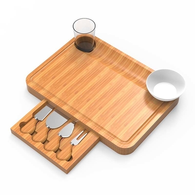 Rectangular Bamboo Cheese Board with Pull-Out Complete Set of Cheese Knives and Design