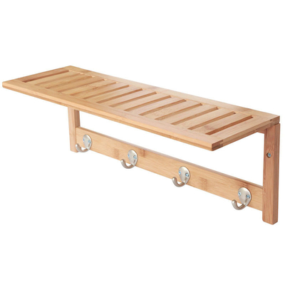 Modern and Functional Solid Bamboo Wooden Bathroom Shelf with 4 Stainless Steel Hooks