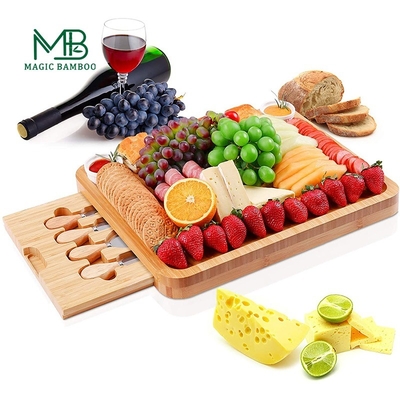 Gift-Worthy Rectangle Bamboo Cheese Board with Full Cutlery and Ceramic Sauce Plate