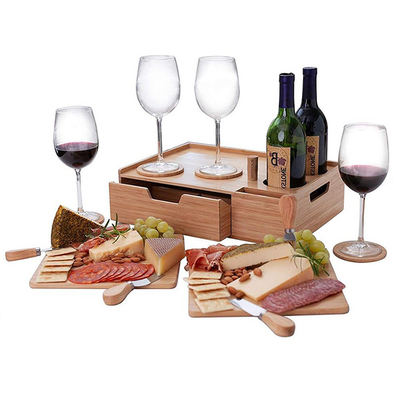 Customized Logo Acceptable Bamboo Cheese Serving Tray With Storage Drawer and Wine Set