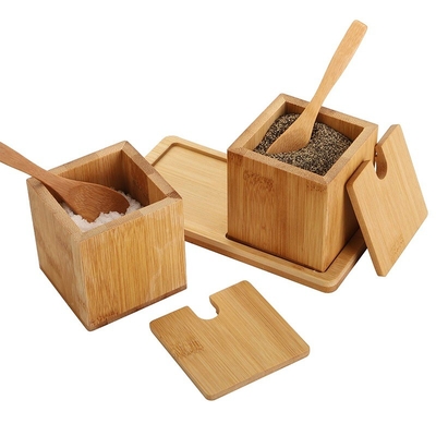Natural Bamboo Square Salt Spice Herb Dry Storage Box With Lid Spoon 17x7.1x8.2cm