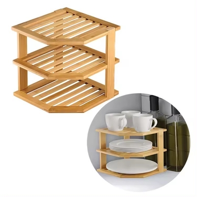 Food Multifunctional Bamboo Plate Organizer for Kitchen and Bathroom Corner Shelf