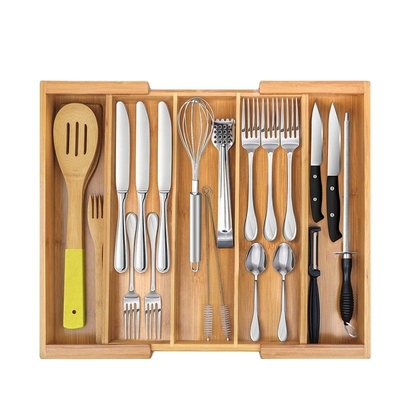 Adjustable Bamboo Drawer Dividers Organizer for Silverware Rectangle Wood Cutlery Tray