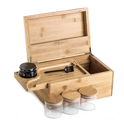 Bamboo Storage Box Set with Herbal Grinder Stash Jar Rolling Tray and Pocking Tools Stick