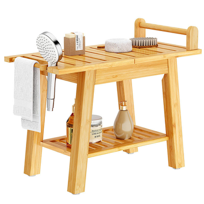 Eco-friendly 2-Tier Bamboo Shower Bench with Storage Shelf Natural Bamboo Color Spa Stool