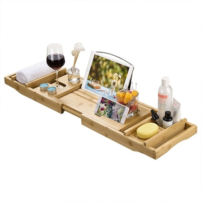 Extendable Sides Luxury Bamboo Bathtub Caddy Trays for Books Tablets and Wine Glass