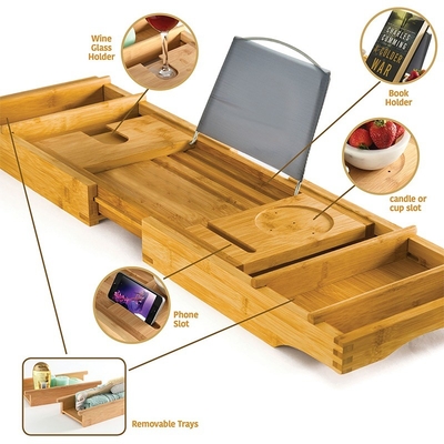 CE Certificate Bamboo Bathroom Caddy Tray For Bathtub