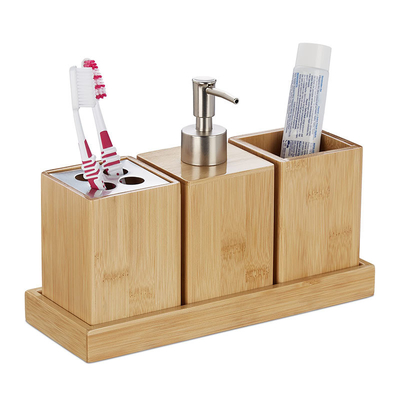 100% Natural Bamboo Sustainable Toothbrush Holder Cup Soap Dispenser Bath Set