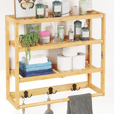 OEM Bamboo Bathroom Wall Shelf Over Toilet Storage With Hooks