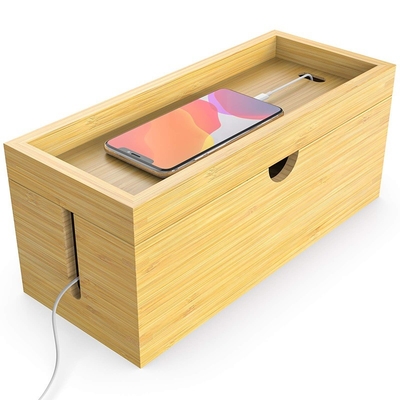 Custom Logo Large Storage Bamboo Cable Management Box Hider for Office 31.8x12.2x10cm