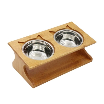 35x17.5x13cm Bamboo Elevated Dog Cat Food Stand Feeder with 2 Stainless Steel Raised Bowls Customer Logo