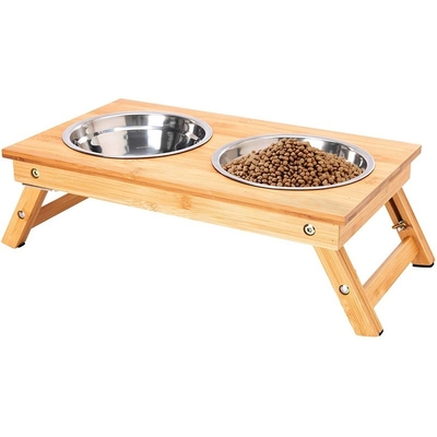 Single Tier Sustainable Bamboo Foldable Pet Feeder Non-Slip Two Bowls for Sustainable