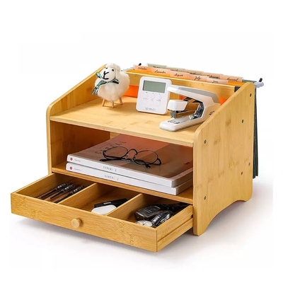 Standing Type Non-folding Rack Bamboo Desk Organizer with Drawer and Storage Cabinet Box