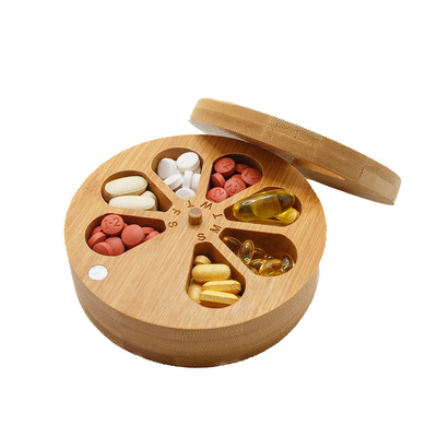 Functional and Durable Bamboo Daily Travel Round Pill Organizer with Days of the Week