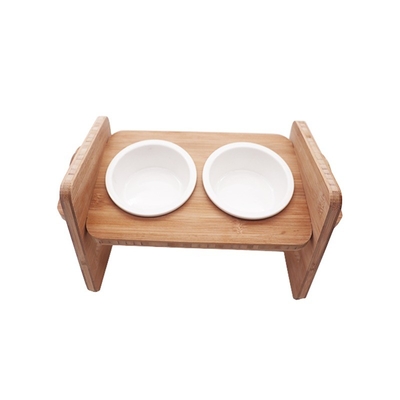 Pet Feeding Food Made Stylish Solid Bamboo Elevated Feeder Stand with Ceramic Bowl