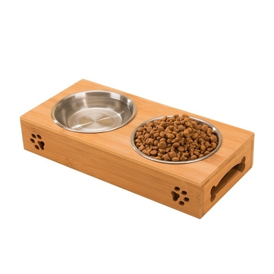 Eco Friendly Bamboo Raised Dog Bowl Feeder Rectangle For Cats