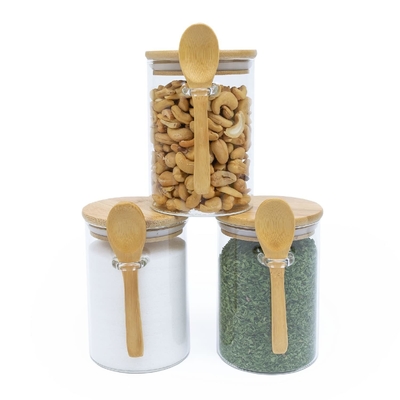 Convenient Storage Set of 3 Airtight Glass Jars with Bamboo Lids and Spoons