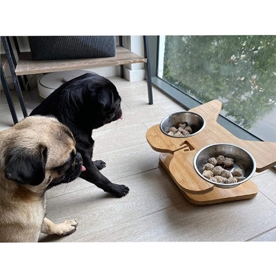 2023 Non-folding Rack Elevated Bamboo Pet Feeder With Stainless-steel Food And Water Bowls