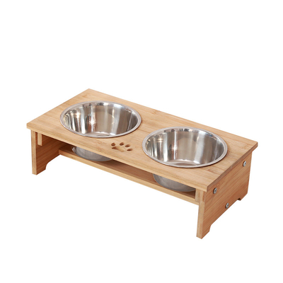 Hollow Pattern Bamboo PET Feeder Stand Stainless Steel Bowls for Dog