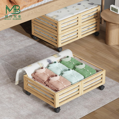 Bamboo Under Bed Clothes Storage Box With Wheels And Dust Bag For Home Bedroom