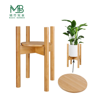 Adjustable Bamboo Flower Pot Stand With Tray For Balcony